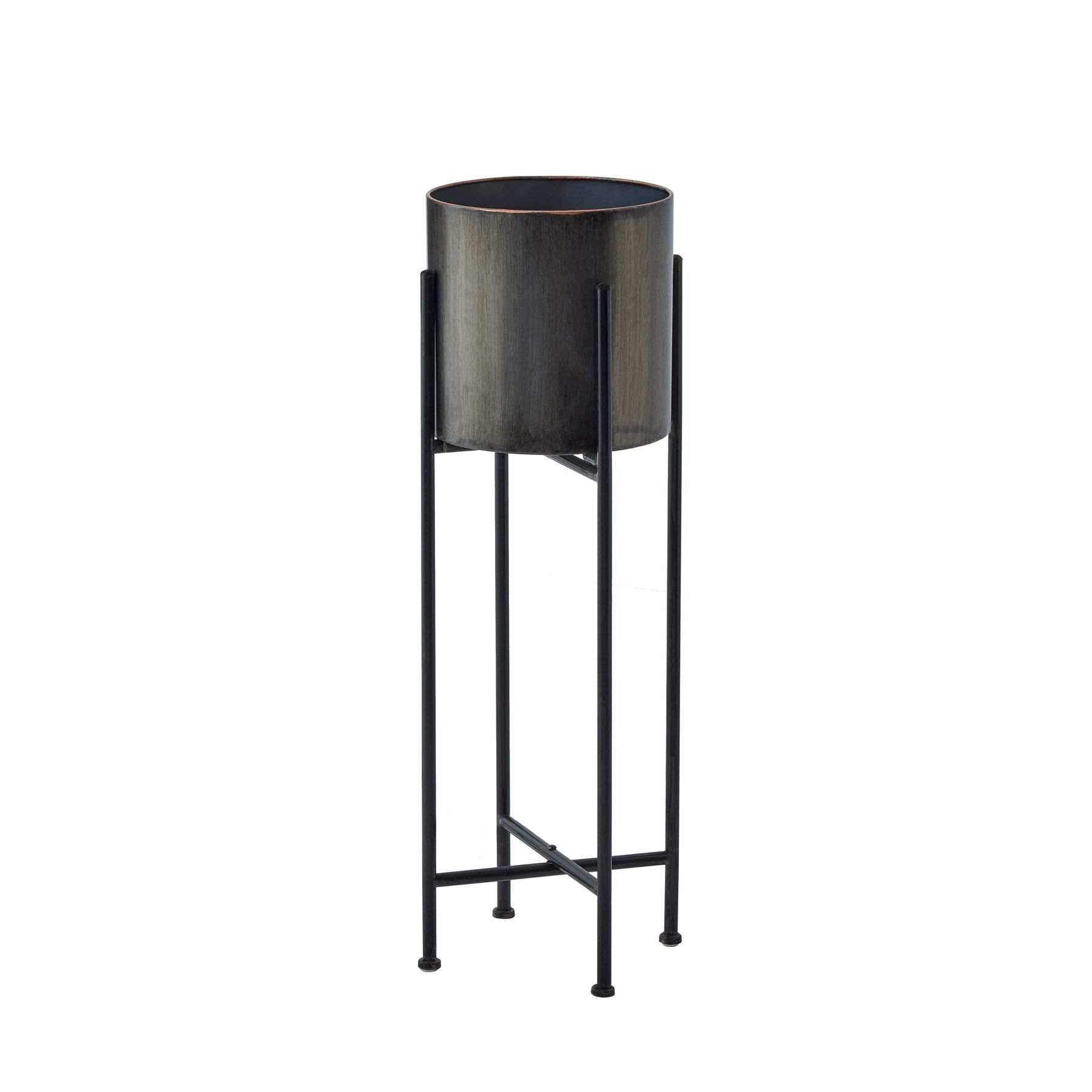 19504.jpg Gun Metal Grey Cylindrical Planter On Black Frame - Image 1