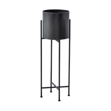 Large Gun Metal Grey Cylindrical Planter On Black Frame