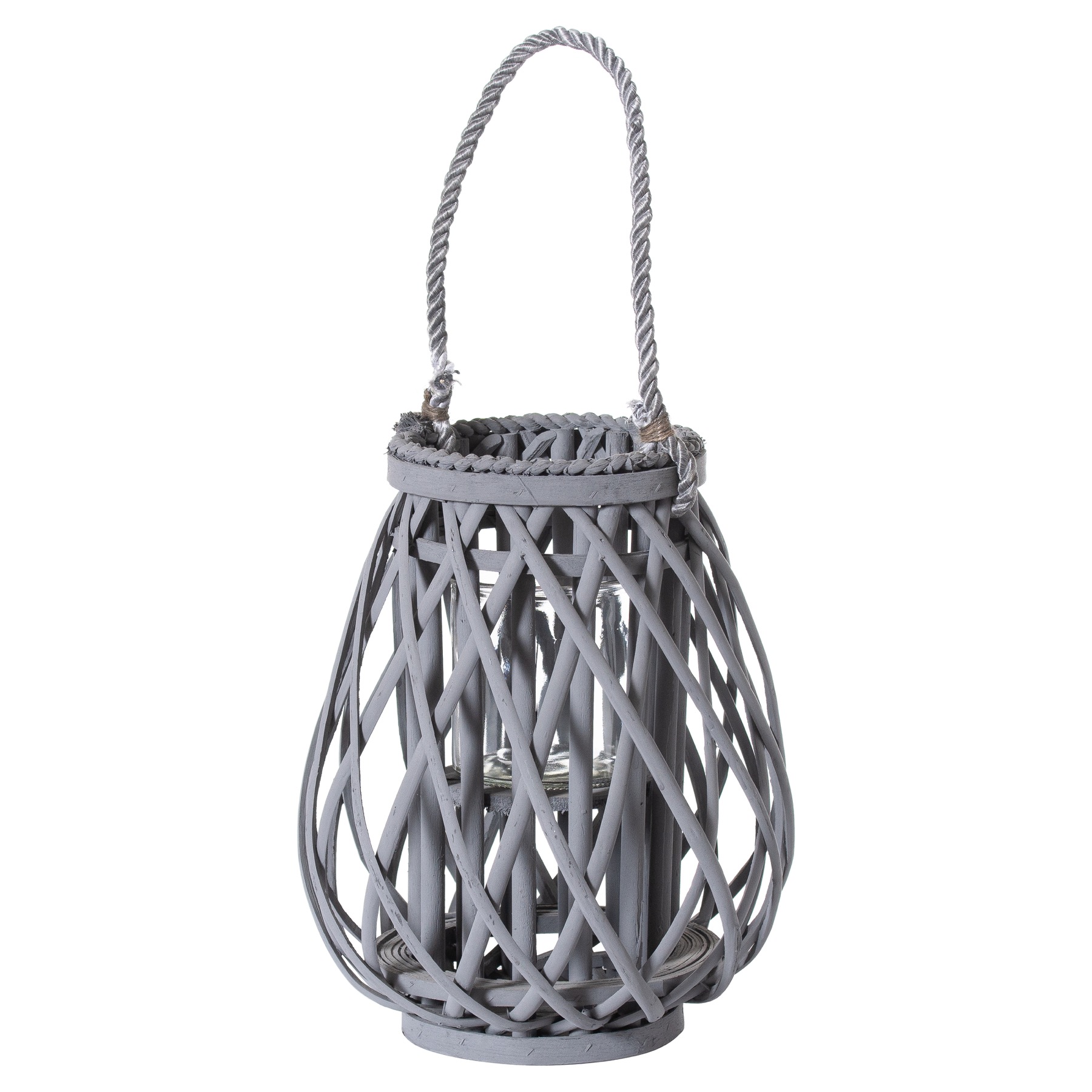 21409.jpg Small Grey Wicker Bulbous Lantern - Image 1