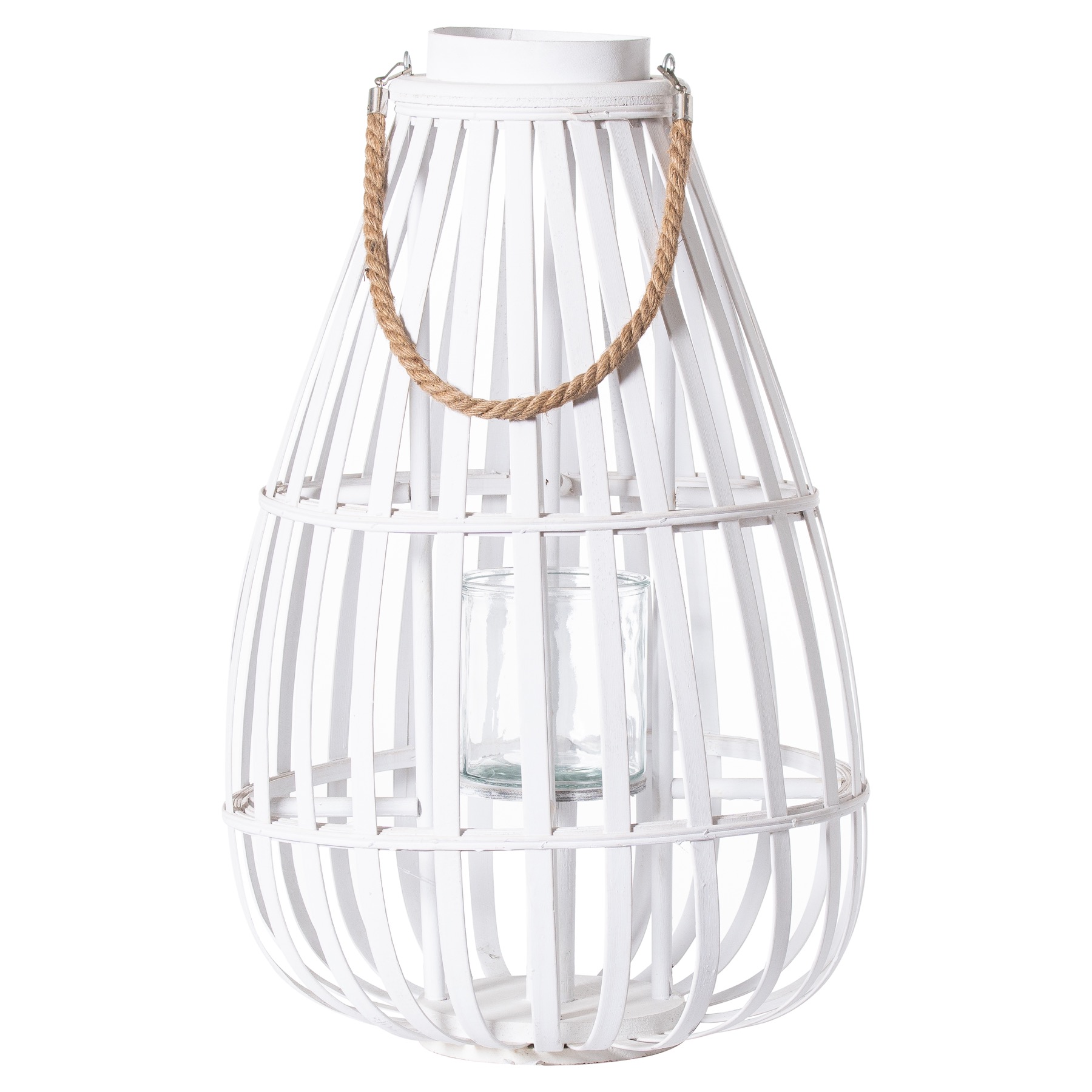 21422.jpg White Floor Standing Domed Wicker Lantern With Rope Detail - Image 1