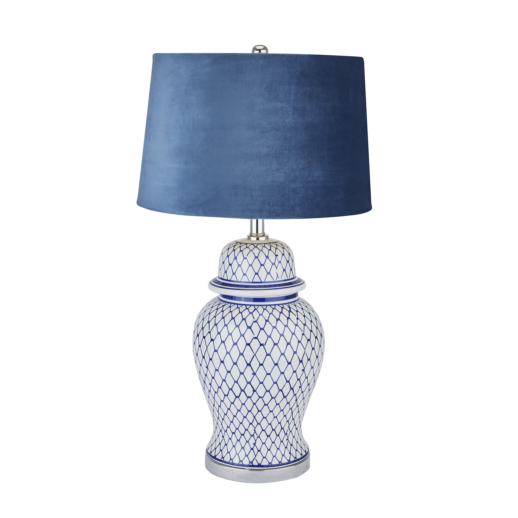 22067.jpg Malabar Blue And White Ceramic Lamp With Blue Velvet Shade - Image 1